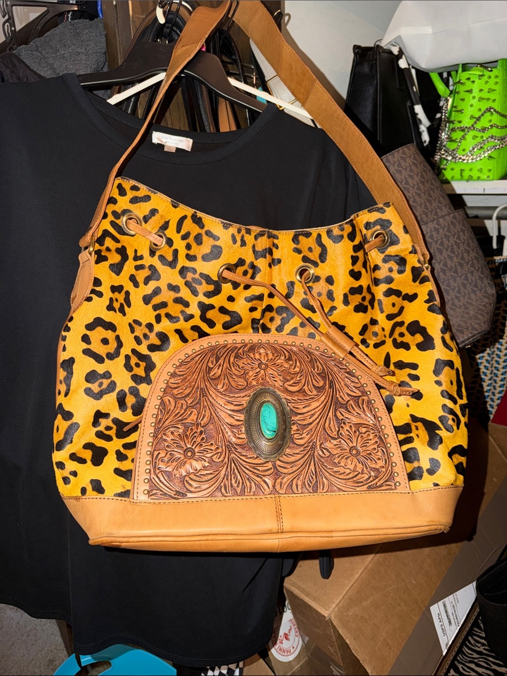 American darling Leopard dyed hide Leather Hobo Bag with Turquoise Accent